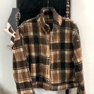 Teddy Shearling Plaid Crop Sweater Jacket